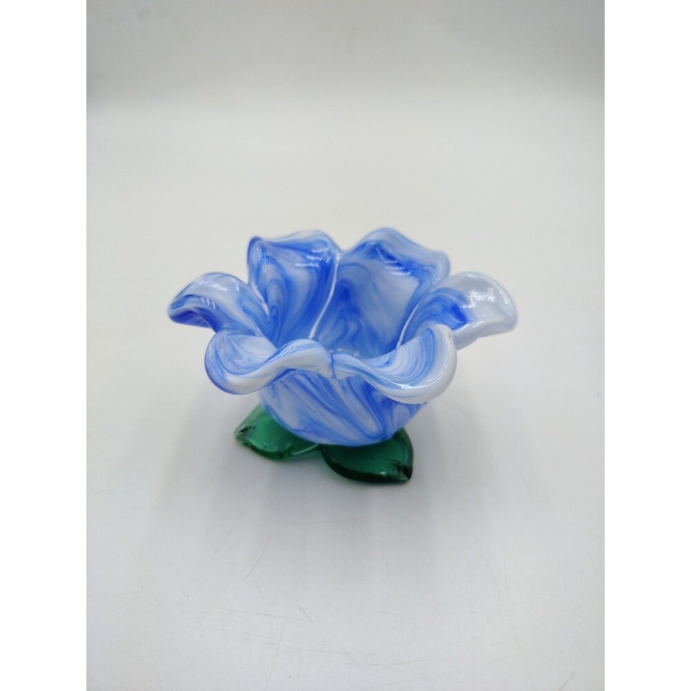 Cobalt Blue White Blown Art Glass Flower Shaped Bowl